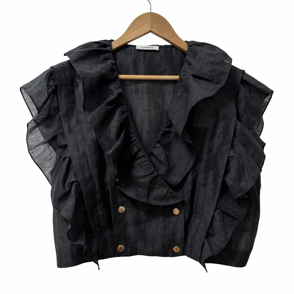 SANDRO Folie Ruffled Linen Blend Cropped Blouse Top Size 4 US XL Black Sheer NEW